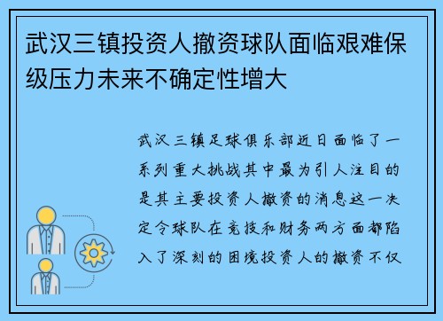 武汉三镇投资人撤资球队面临艰难保级压力未来不确定性增大